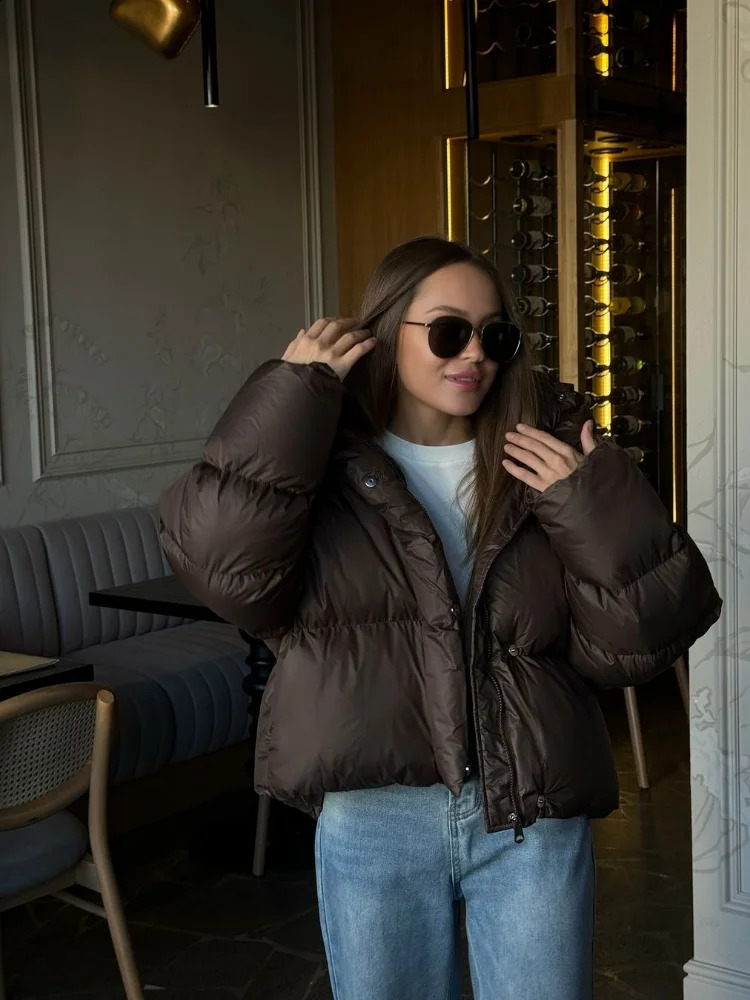 Women Brown Hooded Cotton Coat Fashion Lapel Full Sleeve Zipper Button Warm Loose Short Coats Lady Winter Casual Street Outwear 251021