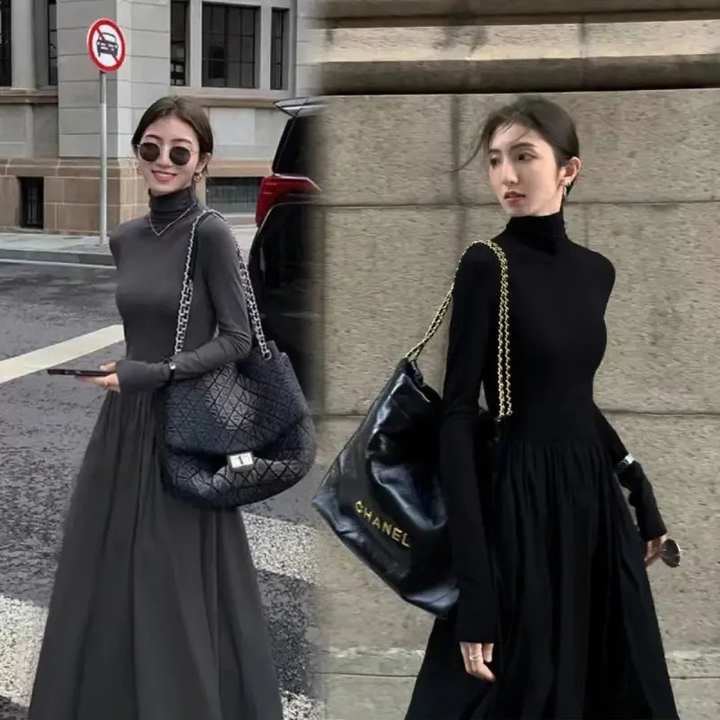 French Style Temperament Womens HighGrade Black Dress Hepburn Gray Turtleneck for Women Autumn Winter DF4964 251022