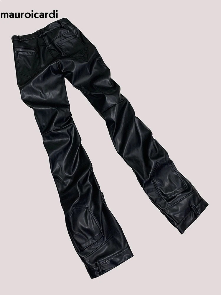 Mauroicardi Spring Long Fitted Ruched Skinny Soft Matte Black Pu Leather Stacked Pants Men y ner Punk Style Clothing 251023
