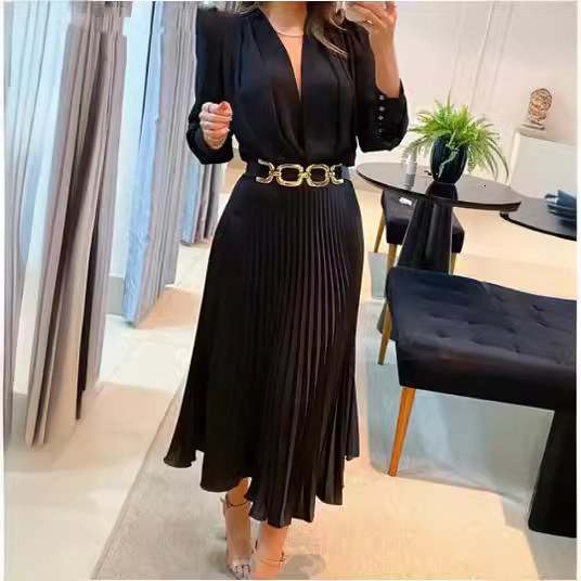 New designer women's clothing, European and American solid color plus size pleated long skirt, hot selling fashion long skirt