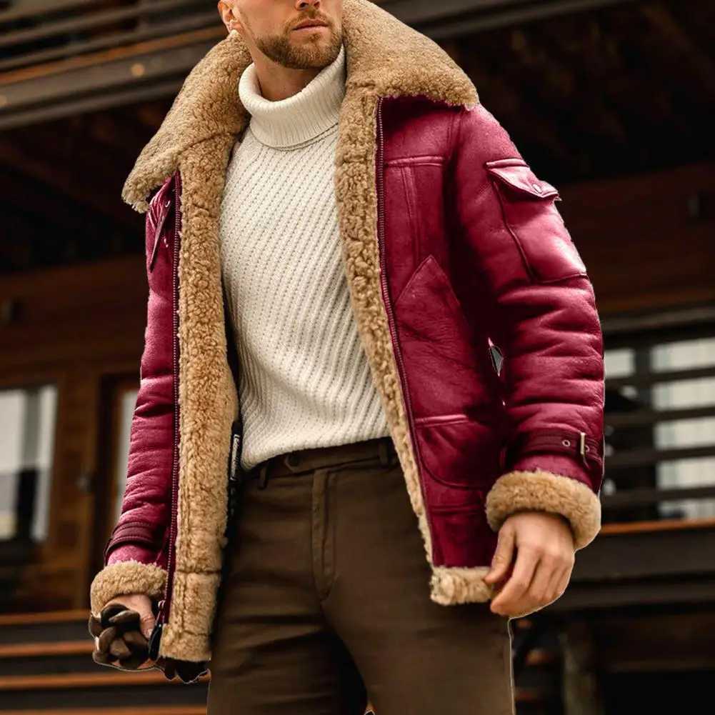 Faux Fur Faux Leather Men Jacket Vintage Lapel Thickened Plush Lining Winter Men Jackets Furry Coldproof Keep Warm Winter Coat W251023