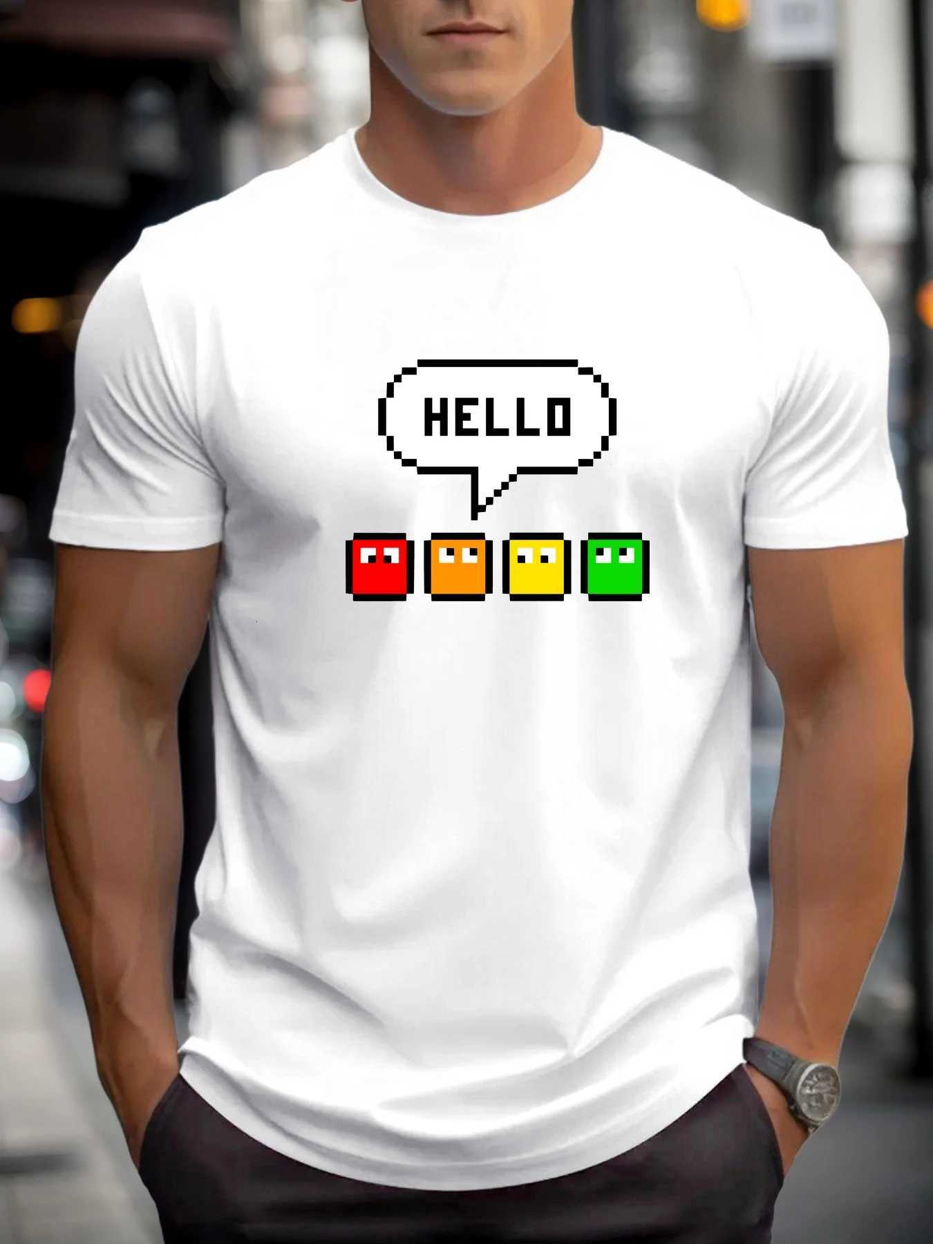 Mens TShirt Pixel HELLO Graphic 2025 100 Cotton Summer Retro Gaming Nostalgic 8Bit Crew Neck Short Sleeve TopXJ251023