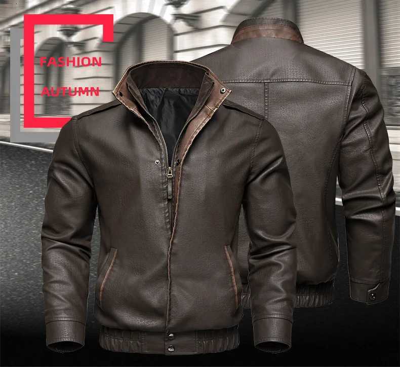 Spring Autumn New Fashion Mens Brown Casual Trendy Simple Basic Stand Collar Zipper Faux Leather Jackets Male Clothes Coats W251023