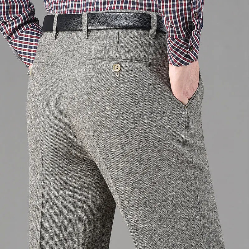 Vintage Autumn Winter Thicken Wool Fleece Suit Pants Men Middle Age High Waist Straight Loose Business Casual Trousers 251023