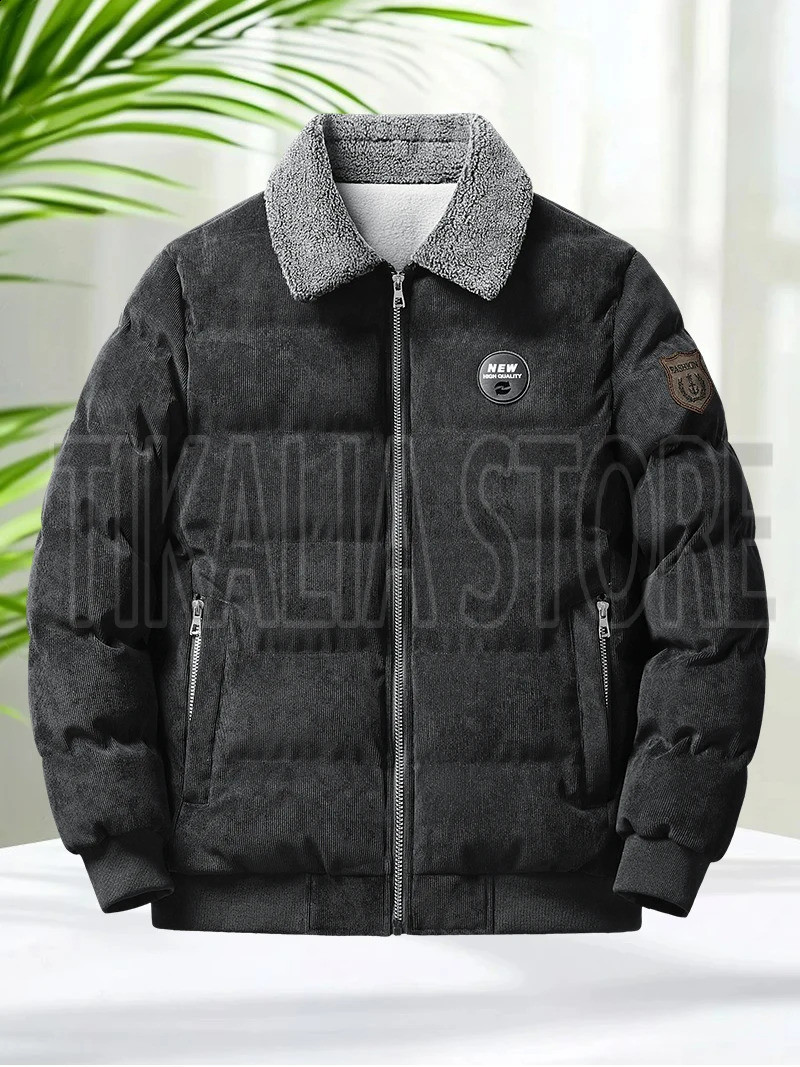 Mens Corduroy Sherpa Lined Jacket Cotton Padded Winter Coat with Fleece Collar Yellow Thick Insulated Parka for Cold Weather 251015