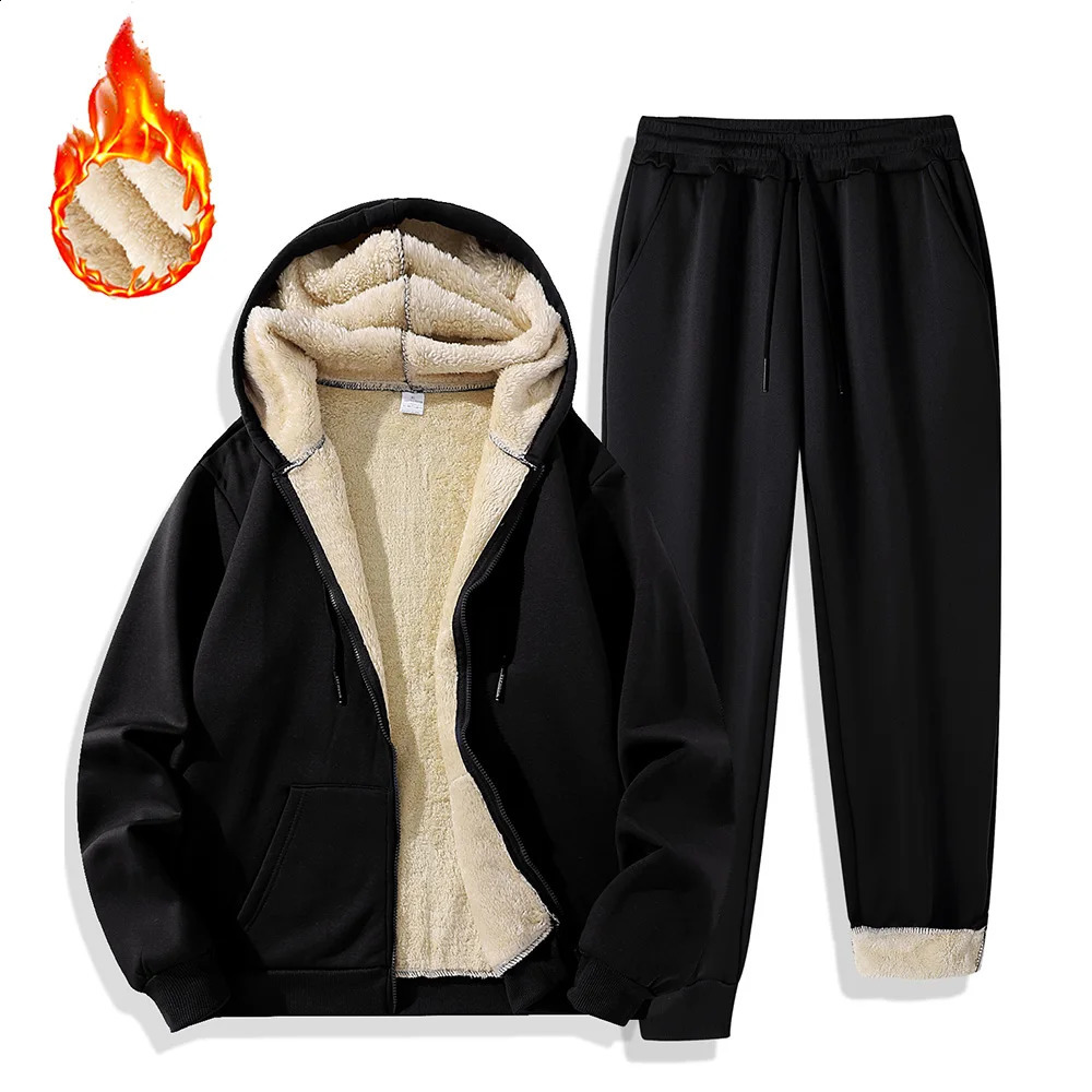 Mens Set Winter Tracksuits Plush Thickened Warm Hooded Jackets Coat Sports Pants Twopiece Casual Outdoor Sportswear 251023