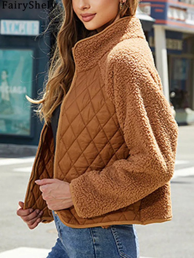 FairyShely 2025 Patchwork Autumn Winter Women Jacket Thick Plush Cropped Long Sleeve Warm Coat Soft Zipper Outwear Lady 251018