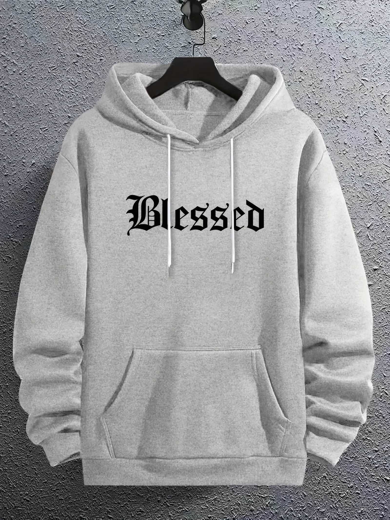 Mens autumn and winter casual fashion loose letter blessed print long sleeved hooded sweatshirt warm pulloverT251023