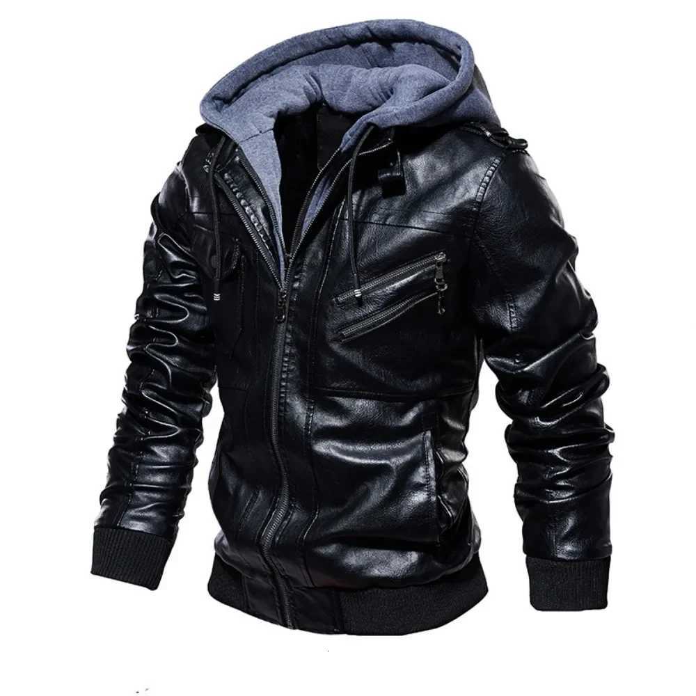 New Style Spring Antumn Men Brown Leather Motorcycle Jacket with Removable Hooded Male PU Jacket Coat EU Size High Quality W251023