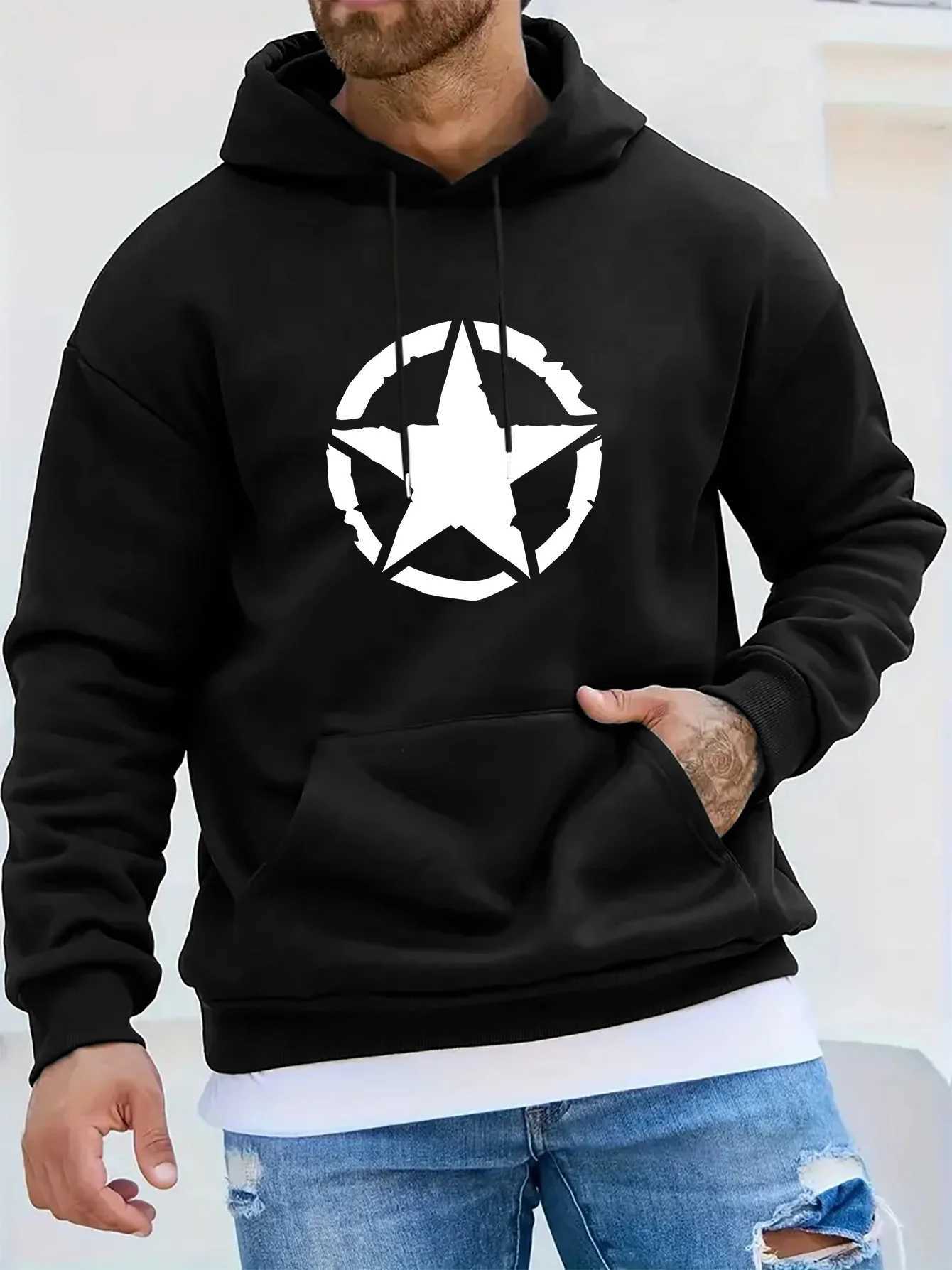 2025 Mens casual fashion hoodie geometric star pattern sportswear front pocket and hood with regular fit seasonal hot fashionT251023