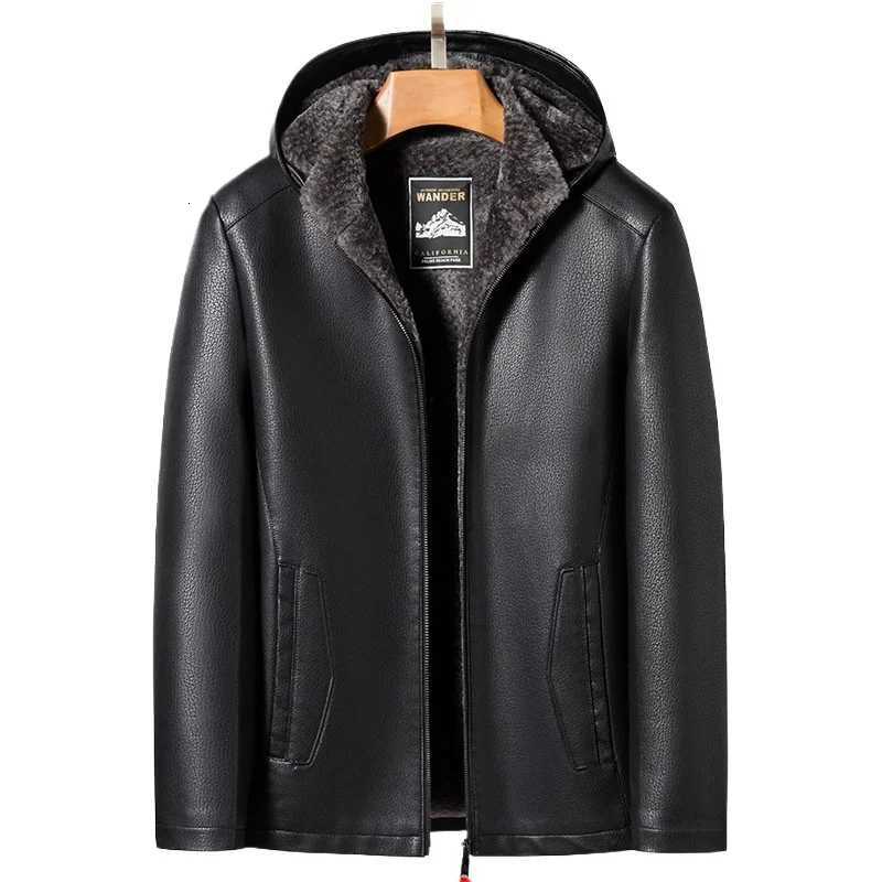 High Quality Middleaged Men Winter Leather Coat Thick Leather Detachable Hooded Jacket Warm Fleece Biker Jacket Men PU022 W251023