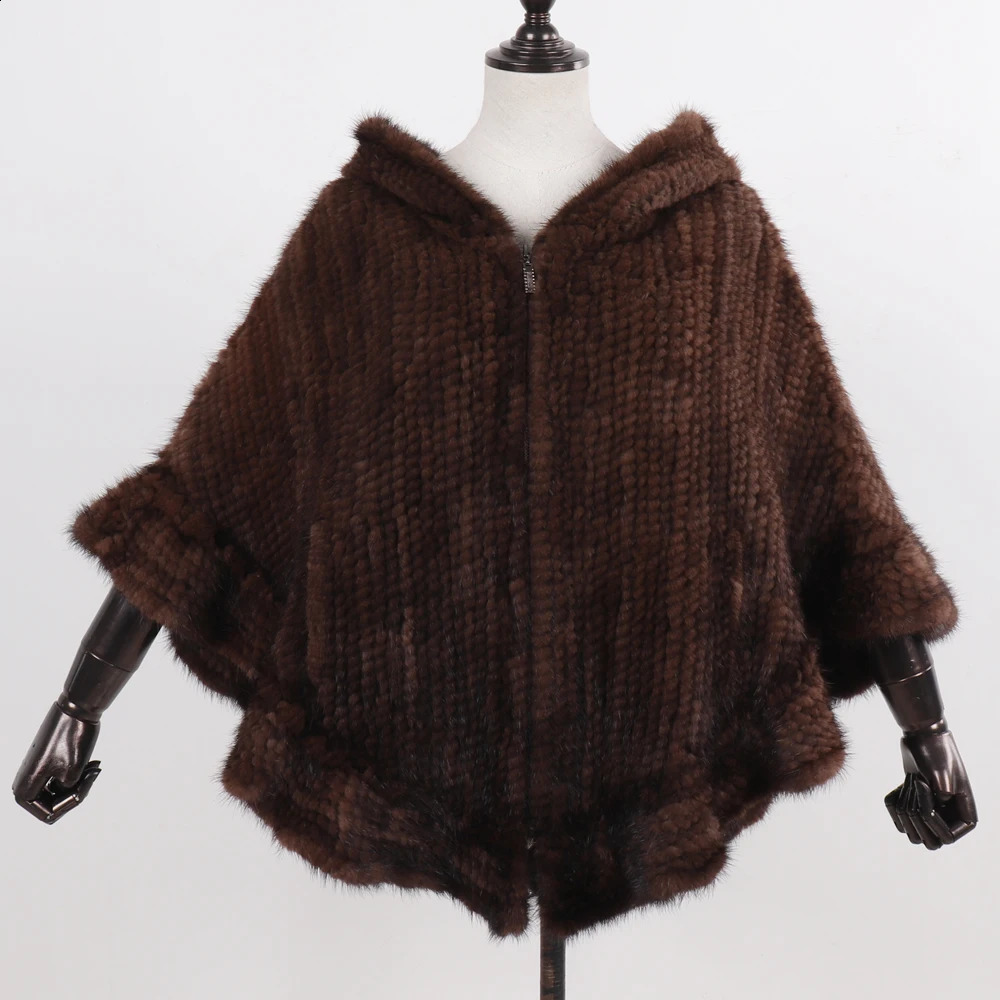Women Natural Mink Fur Hooded Pashmina Coat 100 Genuine Shawl Lady y Hand Knitted Real Poncho 251022