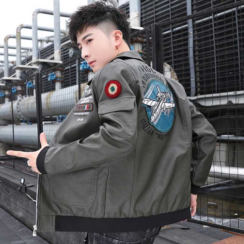 Embroidered Print Handsome Leather Coat Mens Spring and Autumn Business Casual Young Mens Leather Jacket Lapel Fashion Coat W251023