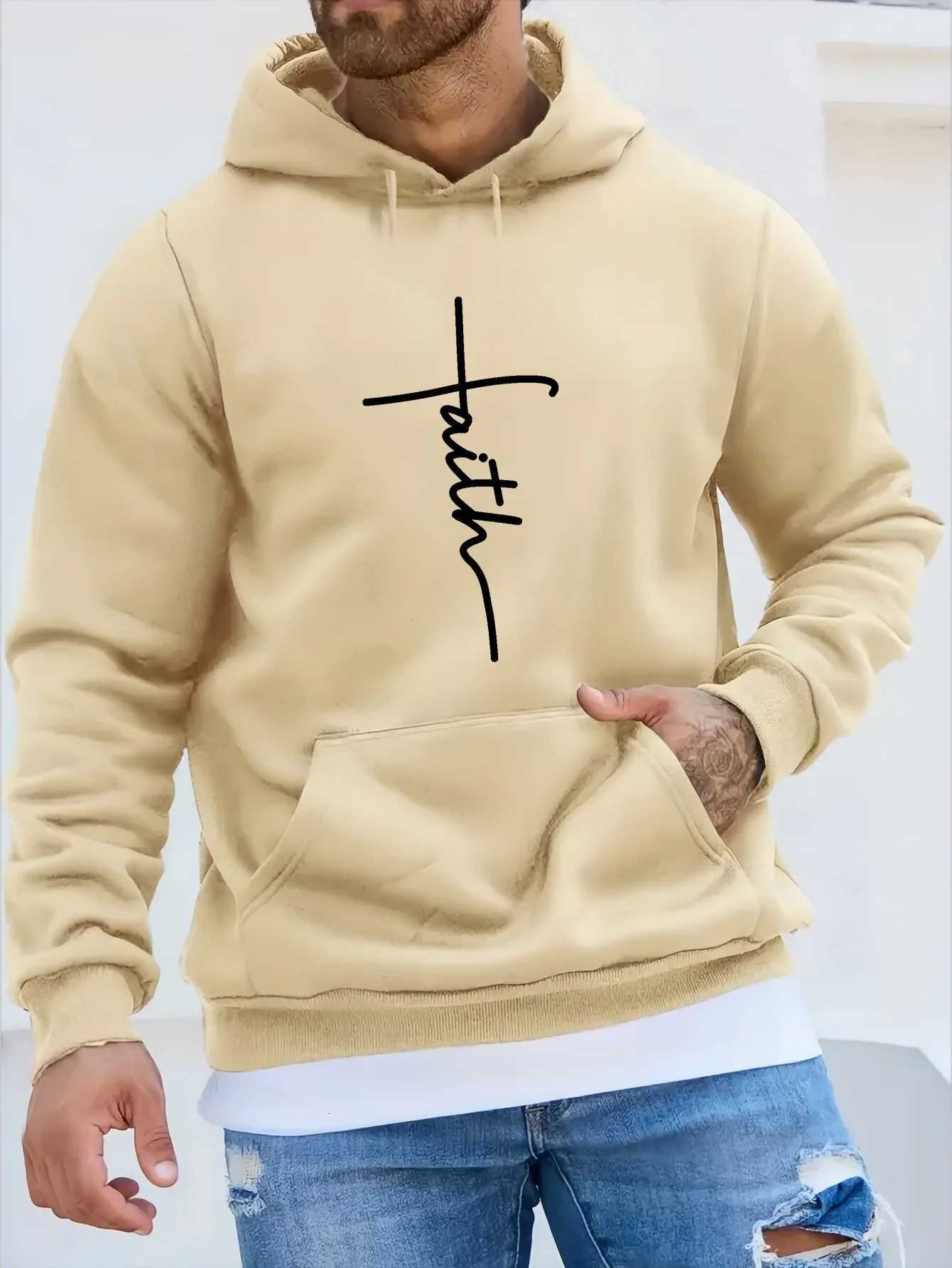Mens autumn and winter casual fashion loose faith print long sleeved hooded sweatshirt warm sports pulloverT251023