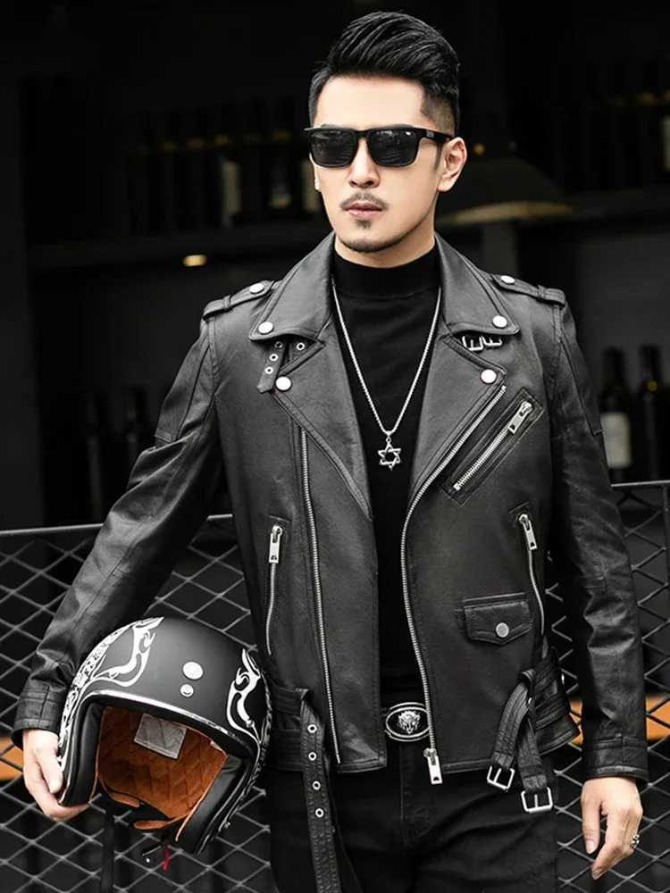 Long Sleeve Belt Plus Size European Fashion brand Spring Autumn Short Cool Black Leather Biker Jacket Men Zipper leather jackets W251023