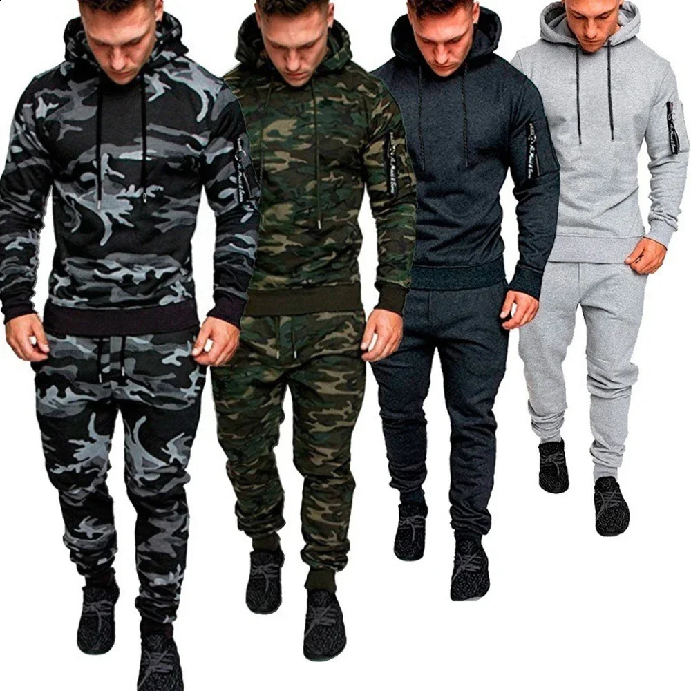 Mens Sportswear Set Twopiece Casual Jogging Warm Breathable Fitness Military Tactical Hoodie Trouser 251023