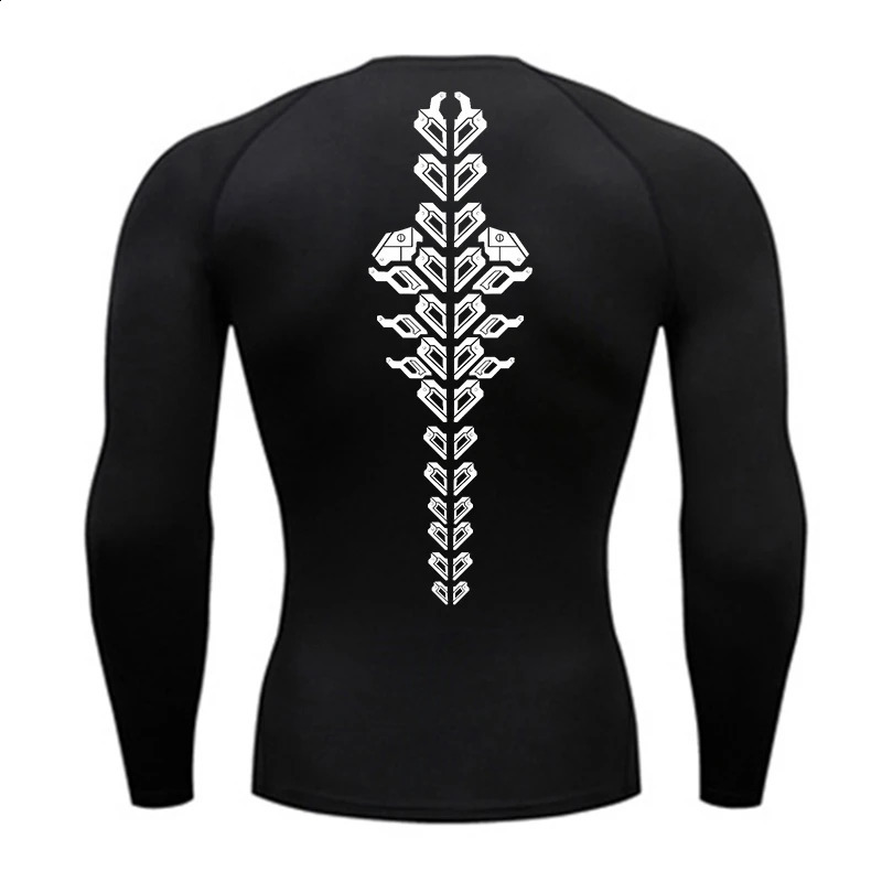 Spine Print Long Sleeve Compression Shirt for Men Athletic Quick Dry Tshirts Gym Workout Running Tees Tops Baselayer Undershirt 251023