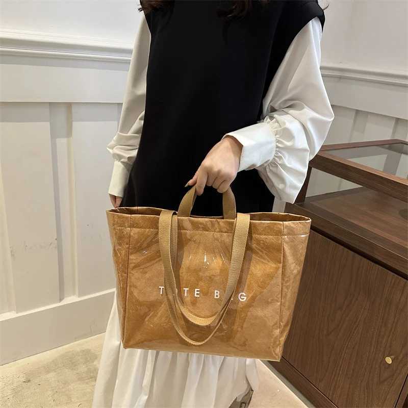 Kraft Paper Clear Shoulder Bag with PVC SurfaceVintage Hobo SatchelWaterproof Shopping Letter HandbagLady TopHandle Tote BagL251023