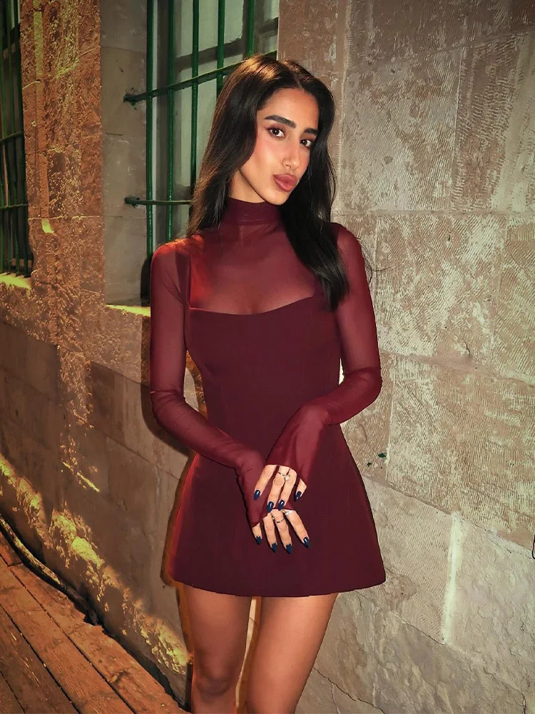 Huhugirl Mesh Patchwork Dresses For Women Fashion Sexy Streetwear Solid Full Sleeve Turtleneck Skinny Mini Vestidos Robes Female 251023