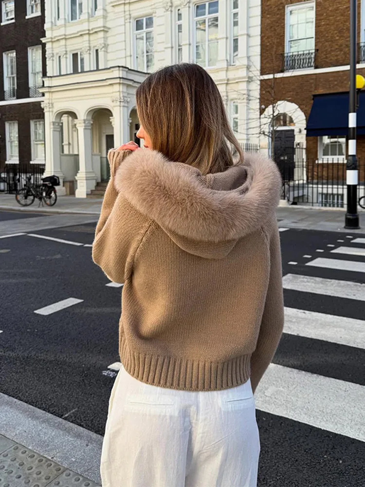 Chic Fur Collar Cropped Jacket Coat Hooded Knitted Sweater Women Casual Solid Autumn Zipup Outerwear High Street Outfit 251022