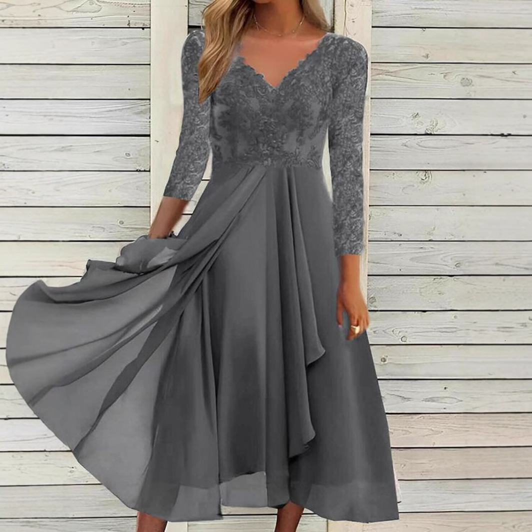 European and American autumn and winter new long sleeved chiffon dress patch V-neck lace hollow bridesmaid evening dress designer evening dress