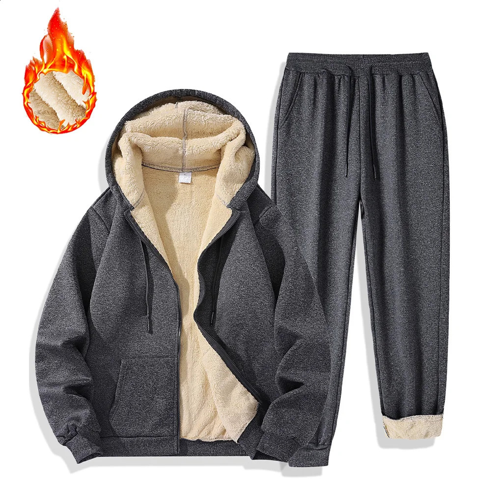 Mens Set Winter Tracksuits Plush Thickened Warm Hooded Jackets Coat Sports Pants Twopiece Casual Outdoor Sportswear 251023
