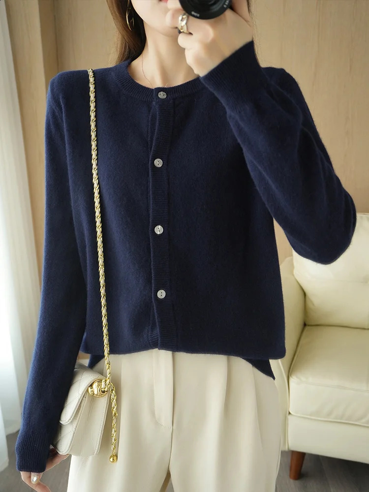 Classy Autumn Winter Women 100 Merino Wool Sweater Elegant ONeck Woman Cashmere Cardigan Knitted Basic Top Clothes 251022