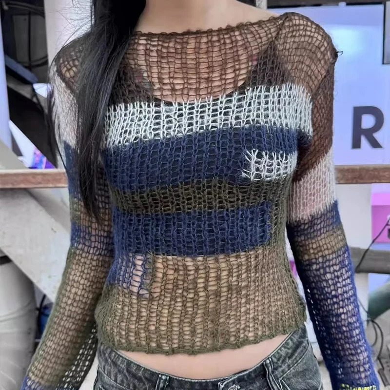 Y2K Vintage Hollow Out Sweater Women Sexy Patchwork Striped Knit Sweater Japanese 2000S Hole Pullover Aesthetics Crop Knit Tops 251023