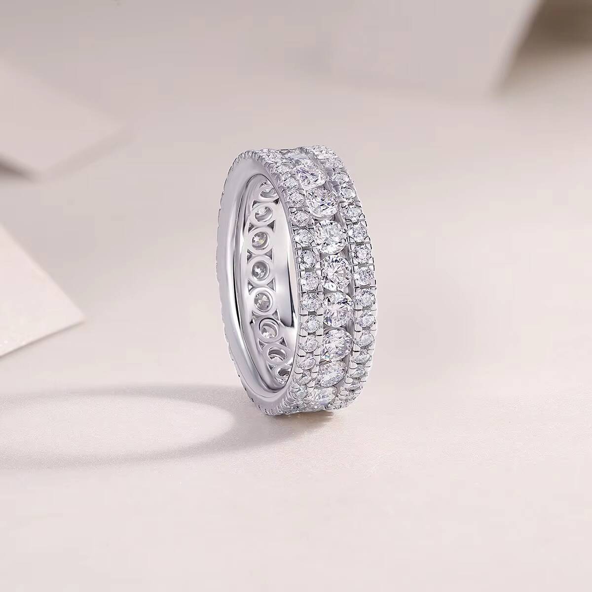 Zanlong 13768 925 Sterling Silver Moissanite Fine Jewelry Ring 3 Rows Eternity Wedding Band for Men Women with GRA Certificate