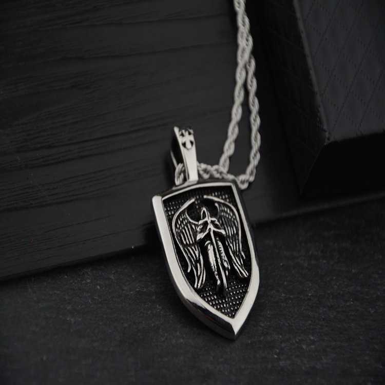 European and American wings personality retro holy angel cross shield pendant necklace for men and women titanium steel chain L251023