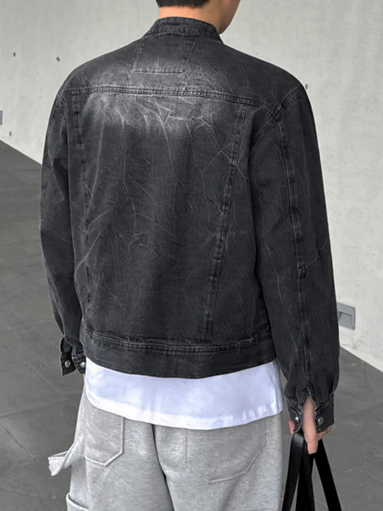 SYUHGFA Korean High Street Mens Denim Jackets Stand Collar Zipper Loose Solid Color Male Short Coats 2024 Autumn 251017