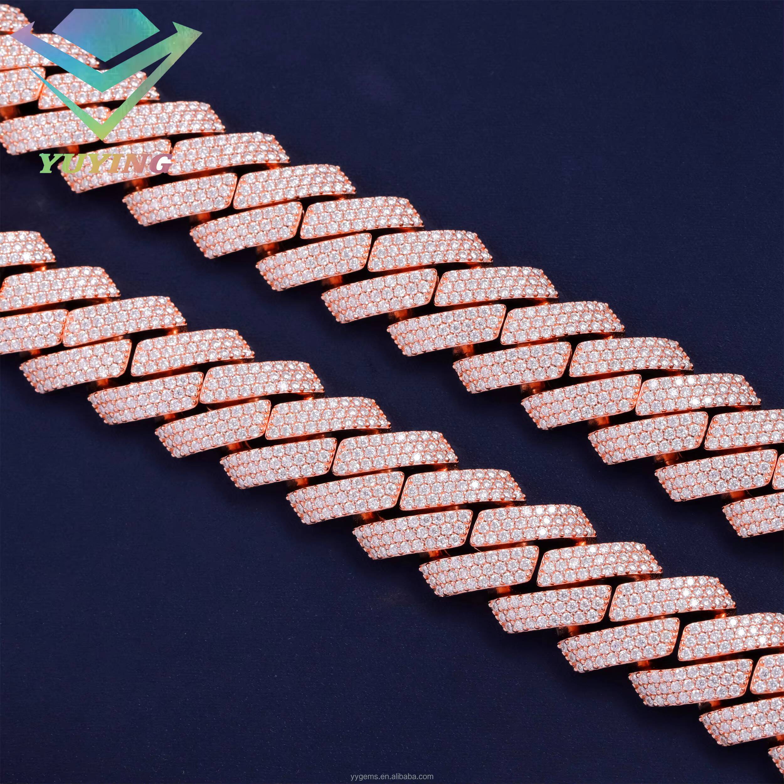 20mm Rose Gold 3rows Cuban Chain S925 Silver Gold Plated Cuban Chain Iced Out Moissanite Hip Hop Link Chains