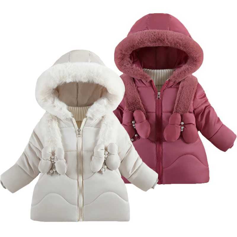 1 2 3 4 Years Baby Girls Jacket Winter New Solid Color Butterfly Decoration Lining Plush Warm Hooded Zipper Down Cotton Outwear Y251023
