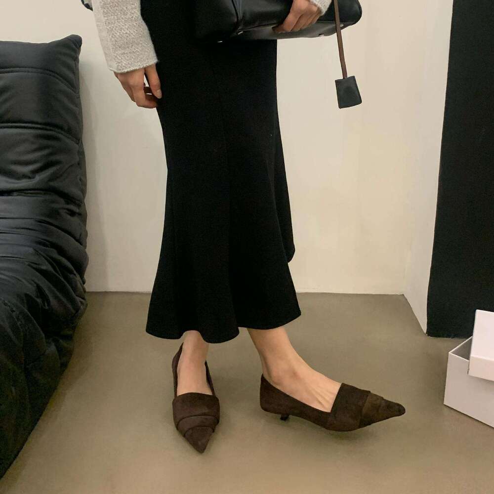 Yellow Suede Single Shoes 2025 New Spring Autumn Winter Women's French Style Elegant Socialite Pointed Toe Stiletto Low Heel Classic Fitted Luxur