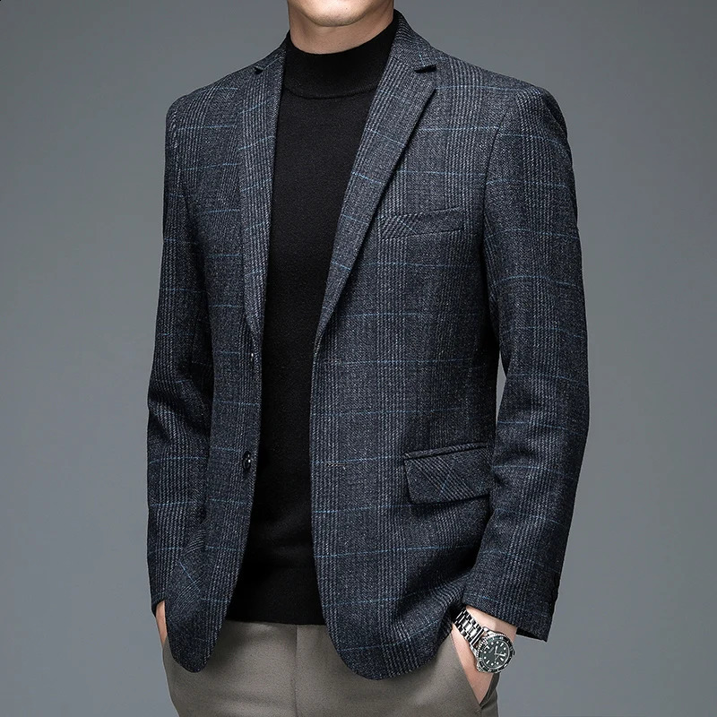 Autumn Winter Men Plaid Wool Blazer Smart Casual Gray Camel Navy Blue Checked Pattern Woolen Blend Jacket Suit Elegant Outfits 251023