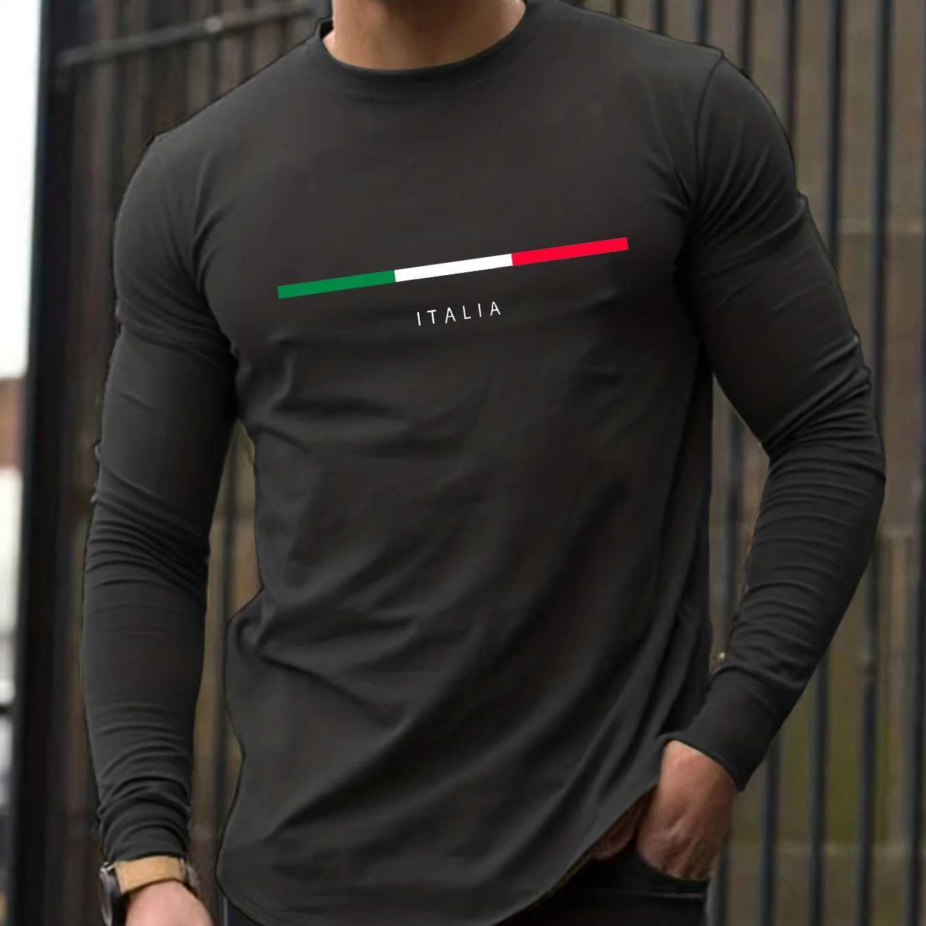 Mens Spring and Autumn 100 Cotton Loose Comfortable Casual ITALIA Letter Pattern Printed Round Neck Long Sleeve TshirtXJ251023