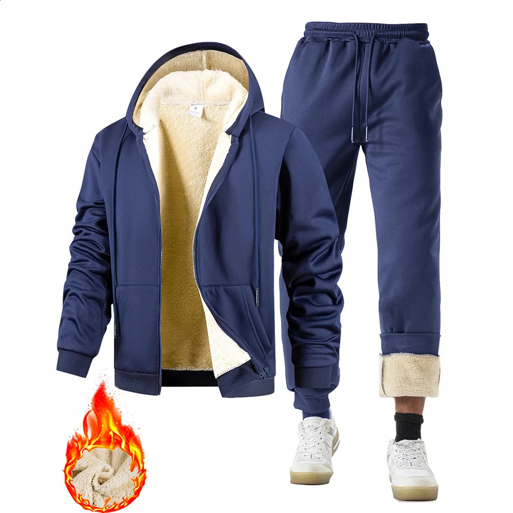 Mens Suit TwoPiece Tracksuit Plush Thickened Warm Sports JacketTrousers Winter Outdoor Casual Hoodie Sportswear 251021