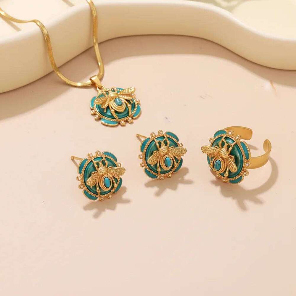 Elegant Gold Plated Bee Charm Jewelry Set - Teal Enamel Ring, Pendant Necklace & Stud Earrings For Women