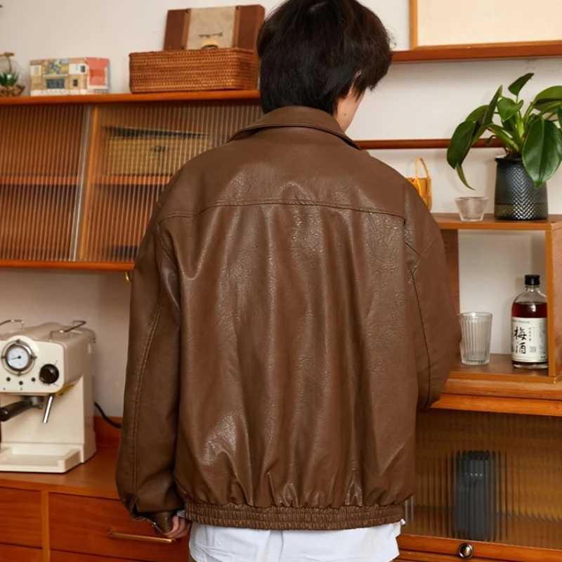 Japanese Mens Leather Jacket 2024 New Harajuku Retro Motorcycle Loose Couple Coat Big Pocket Lapel Bomber Outwear Y2k Trend W251023