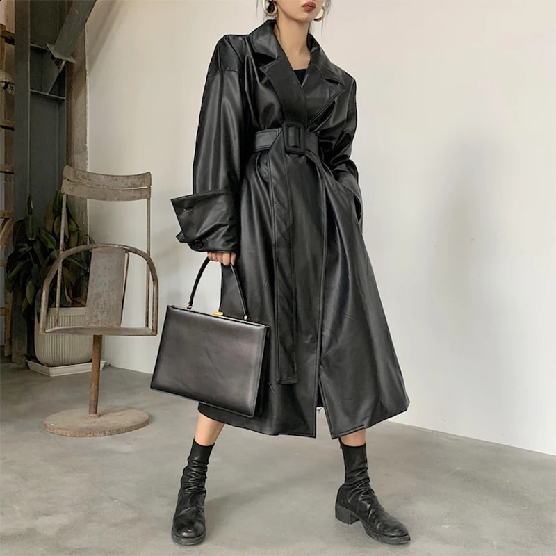 Lautaro Long oversized leather trench coat for women long sleeve lapel loose fit Fall Stylish black clothing streetwear 251017