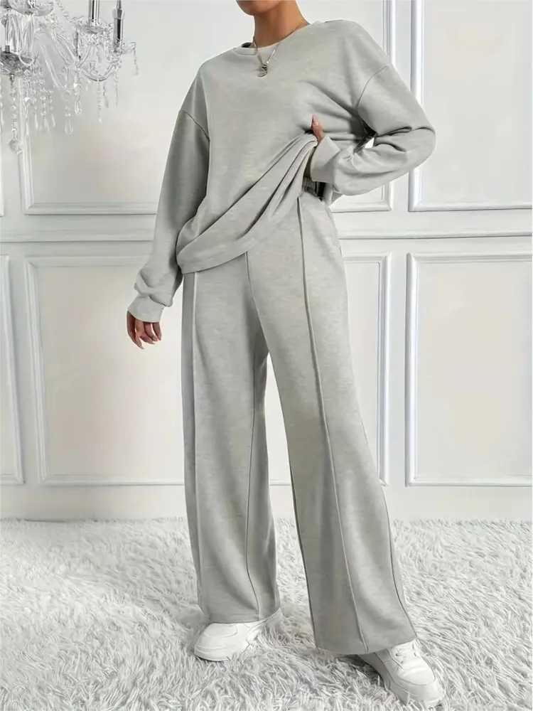 Twopiece Set For Woman Casual Oneck Long Sleeves Sweatshirt Wideleg Pants Suits Autumn Winter Ladies Fashion Office OutfitT251022