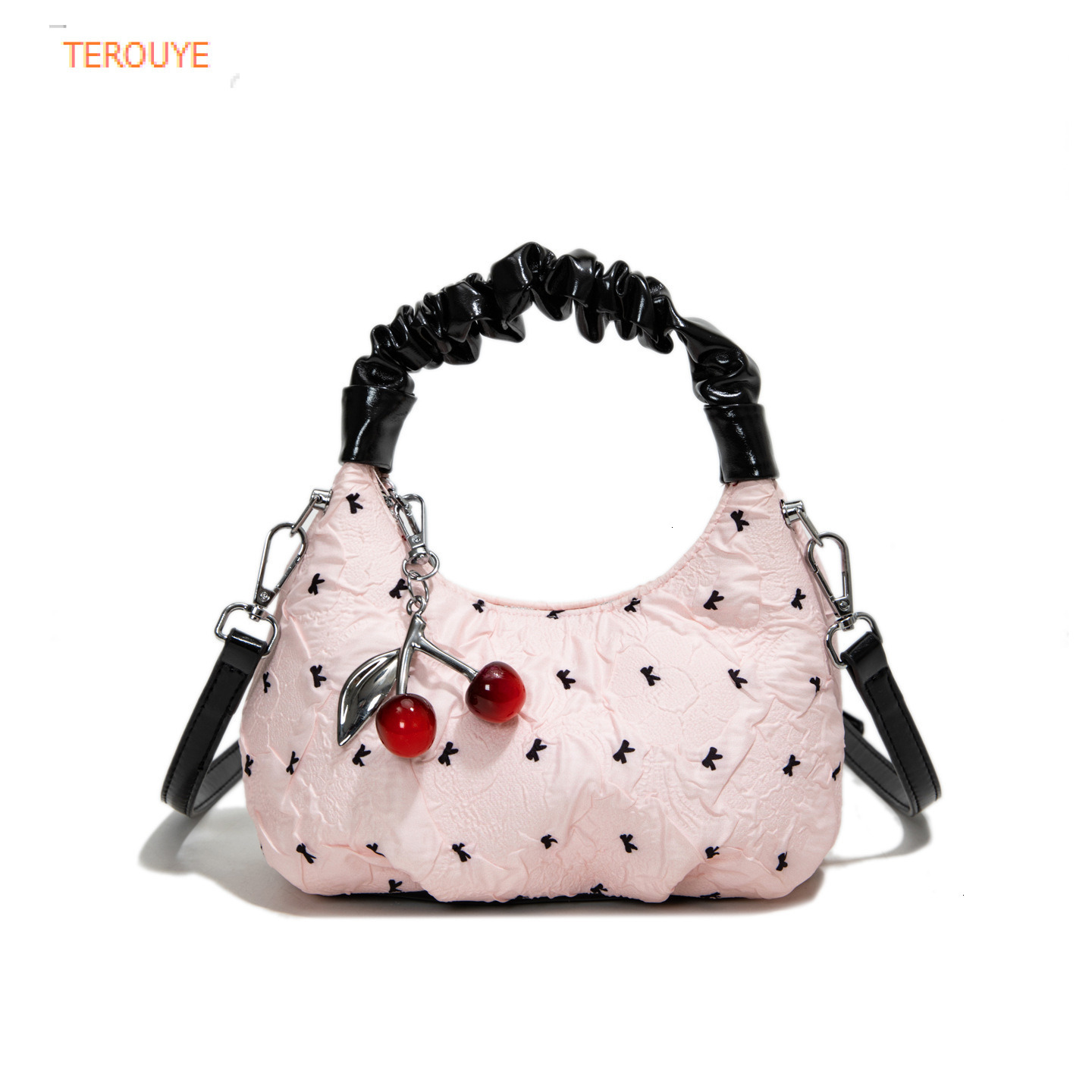 Wrinkled Bubble Bow Handbag Autumn/Winter New Cherry Pendant Cute and Unique Design Underarm Bag Women's Shoulder Bag Luxury Designer Bag