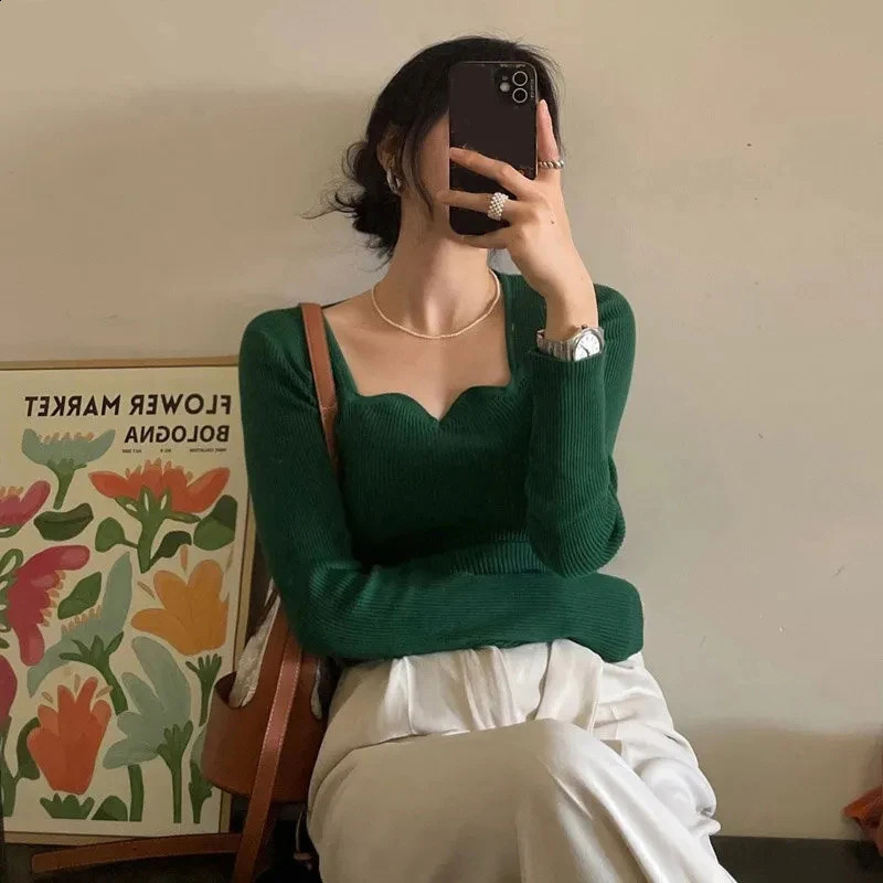 Knitted Pullovers Women Vintage Solid Sweaters Autumn Winter Korean Elegant Slim Knitwear Square Collar All Match Jumpers 251023