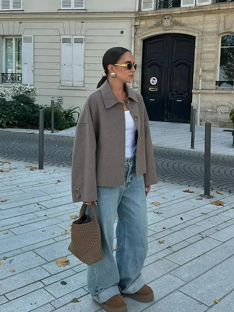 Casual Solid Single Breasted Wool Jacket Women Chic Lapel Long Sleeve Pleated Pocket Loose Coats Autumn High Street Overcoat 251018