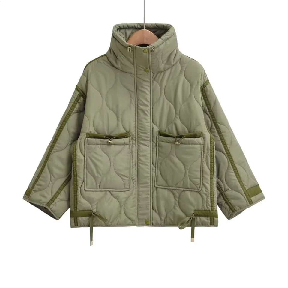 PBZA Winter Womens Clothing Style Simple Loose Warm Windproof Stand up Collar Lightweight Cotton Jacket 251021