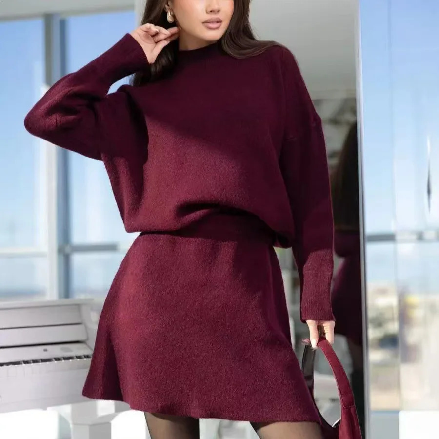 Semiturtle Neck Suit Skirt Autumn and Winter Loose Knit Top Aline Knitted Womens Twopiece 251022