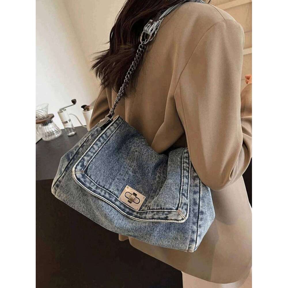 Denim Tote Bag With Metal Buckle And Chain Strap Deep Light Blue Black Vintage Ing Design For Women Non-Adjustable Sl
