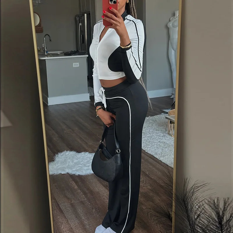 Autumn Patchwork 2 Piece Set Women Tracksuit Spring Zip Crop JacketCasual Pants Matching Skinny Streetwear Stretch Outfits 251022