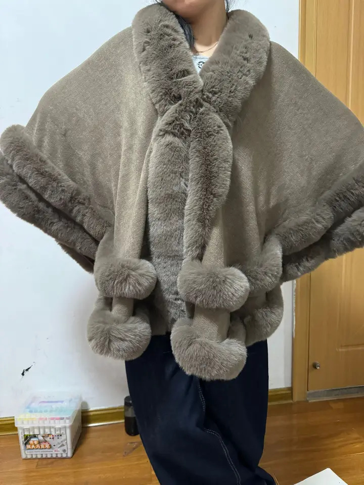 Women 2 Circle Wraps Long Faux Rabbit Fur Cape Poncho Winter Loose Thick Warm Shawl Outerwear Knitted Cloak Overcoat 251016
