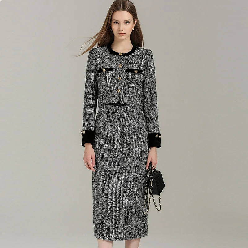 EVNISI Women Elegant TwoPiece Wine Tweed Cardigan Coat Aline Skirt Set Button Up Long Sleeved Chic JacketHigh Waist 251022